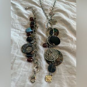 Lia Sophia silver beads & shell look accent adjustable necklace & bracelet bndl